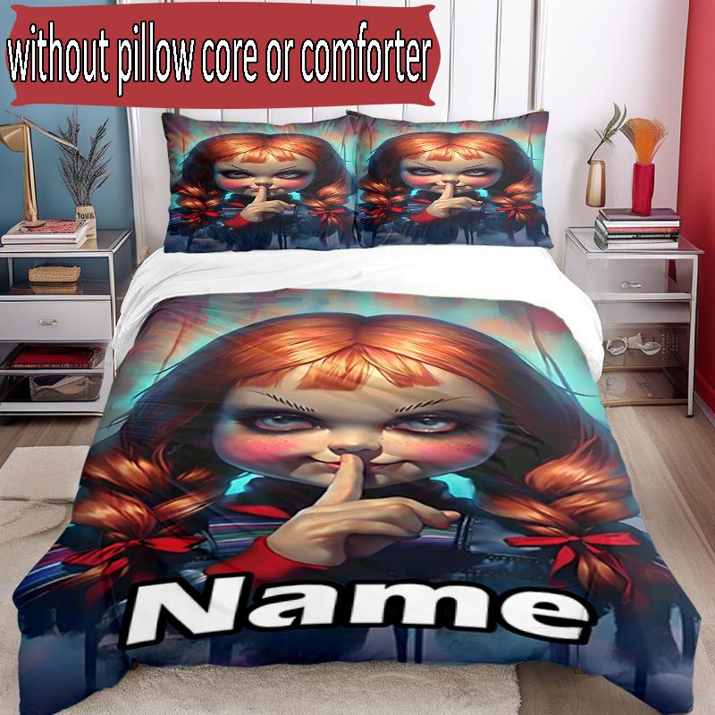 3pcs Duvet Cover Set (1*Duvet Cover + 2*Pillowcase, Without Core), Custom Name horror movie Pattern Bedding Set, Home Bedroom Decor Gift