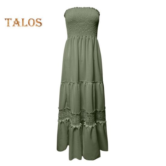 Women's Off Shoulder Maxi Dress Summer Smocked Lace Trim A Line Swing Dress Boho Strapless Flowy Beach Sundress