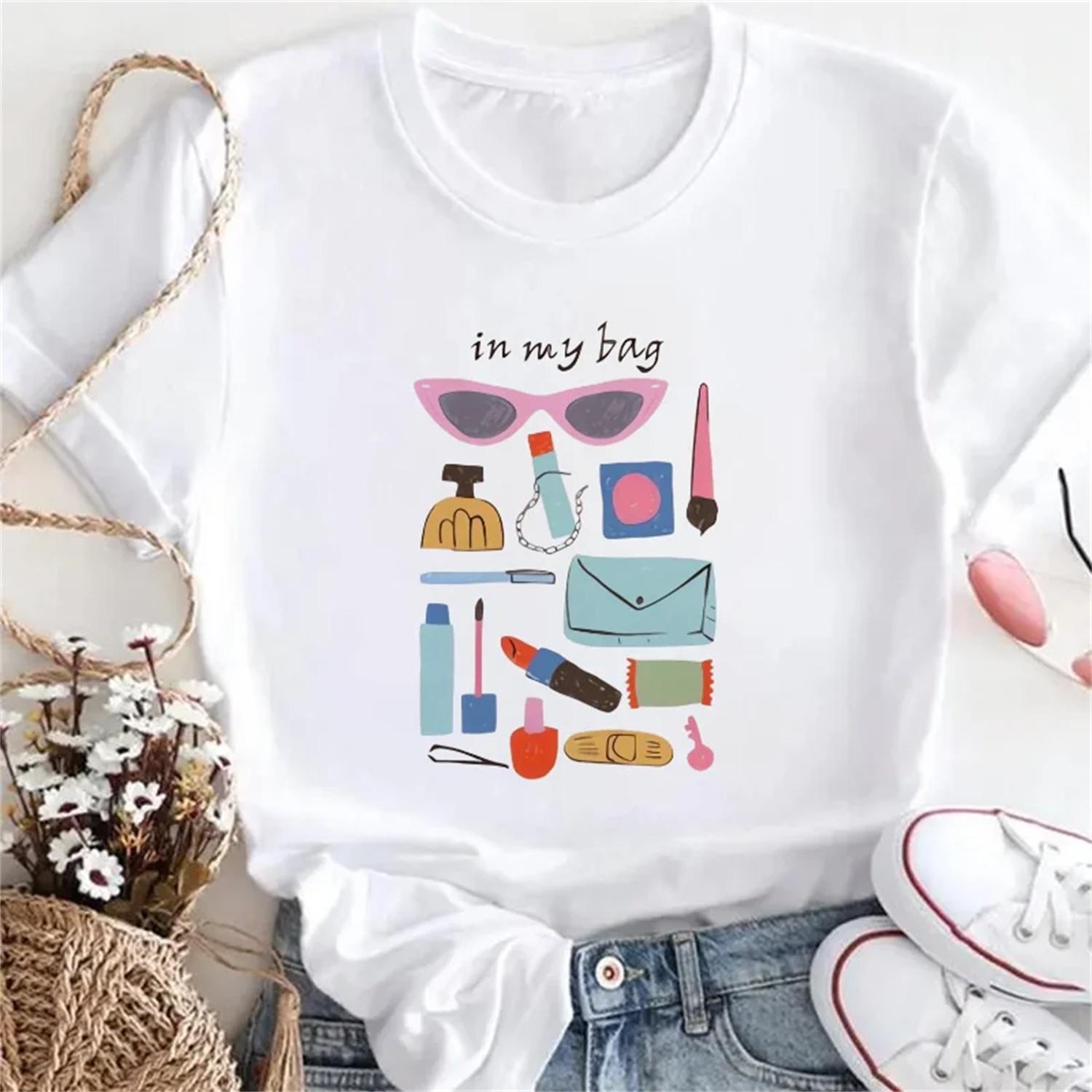Clothing Printed Cosmetics Pattern Women s Top Cute Cartoon Short Sleeve 90s Summer Printed Fashion Women s Trendy Style T-Shirt S