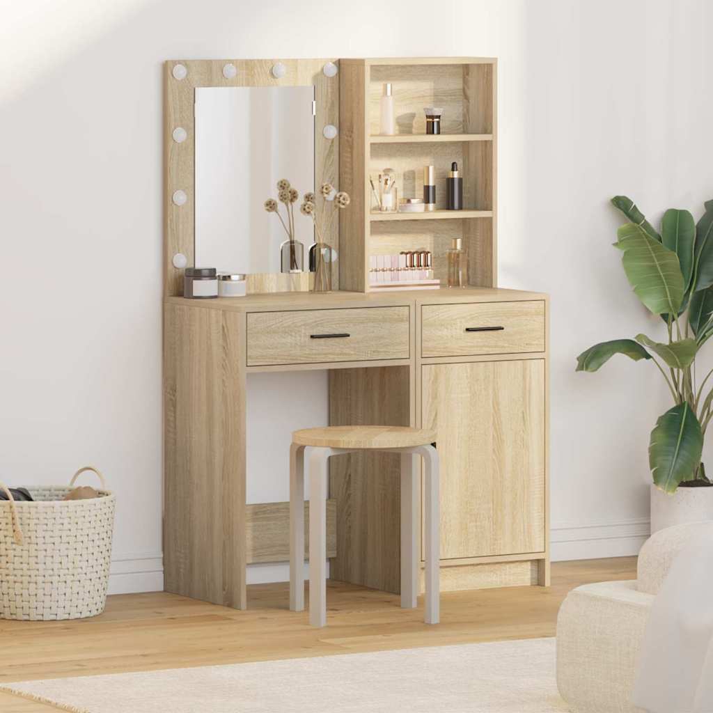 Makeup Table Set with LED 2 pcs Sonoma Oak Wood Based Material