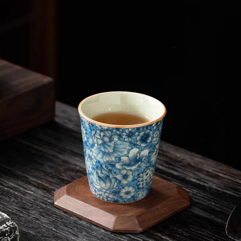 Antique Blue White Ceramic Teacup - Ru Kiln Crackle Glaze, Kung Fu Tea Set, Seasonable Single Cup for Tea Lovers, Personal Use