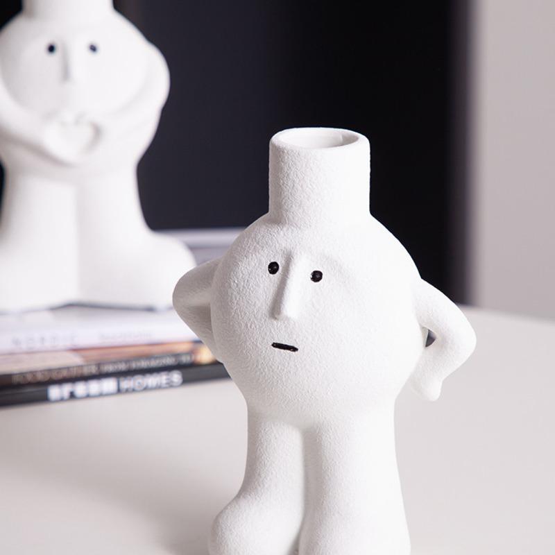 White Ceramic Vase Nordic Human Shape Flower Pot Modern Art Dry Flower Holder Living Room Desktop TV Cabinet Home Decor Ornament