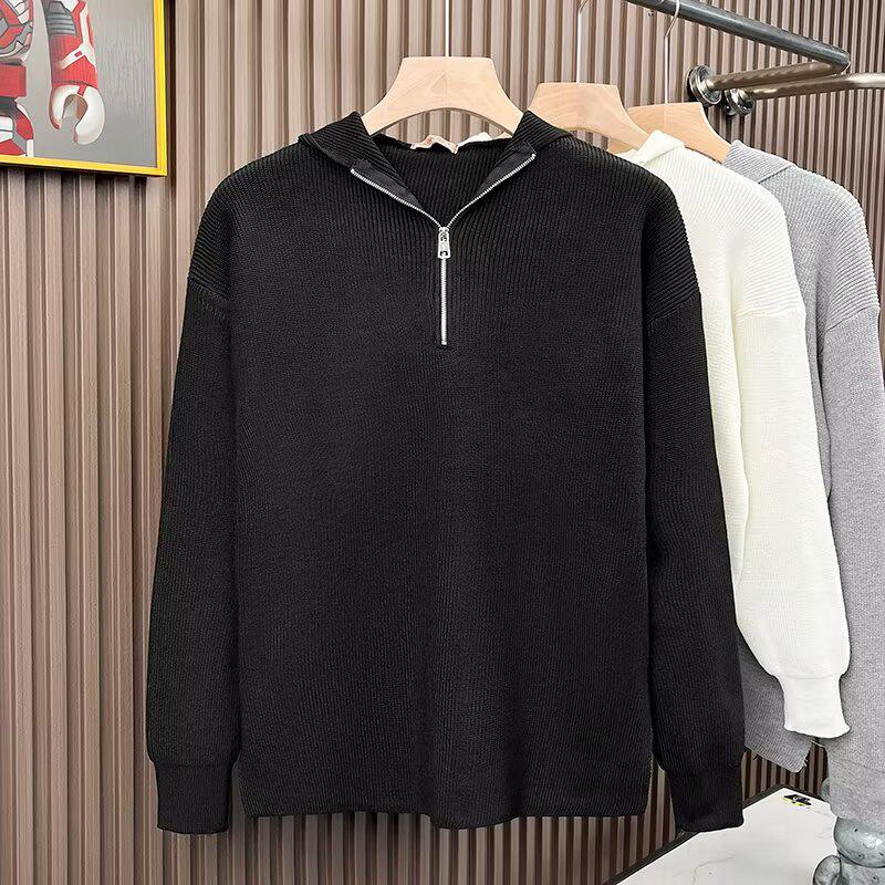 Men s Korean Style Half-Zip Hooded Sweater, Cold Protection, Loose Knitwear, Autumn-Winter High-End Outerwear. 2XL