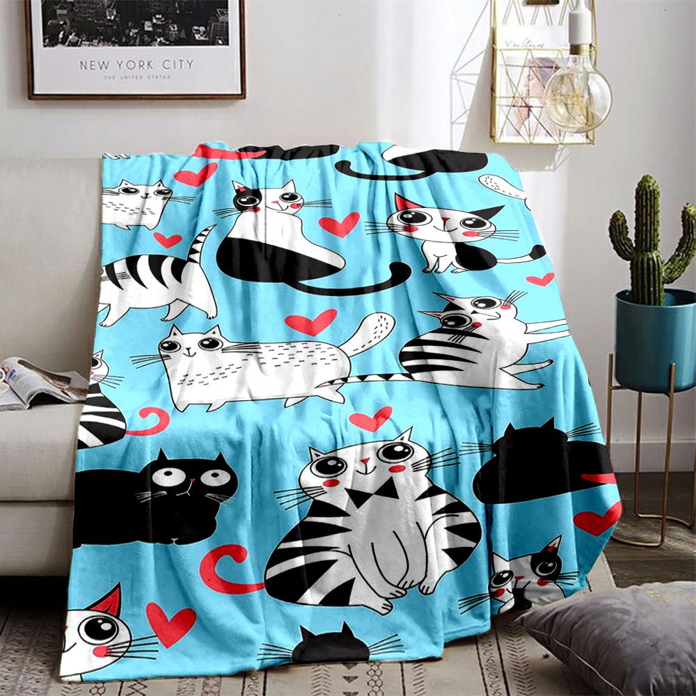 Cute Cartoon Cats with Hearts Design Flannel Blanket for Bedroom, Living Room, Sofa, and Nap
