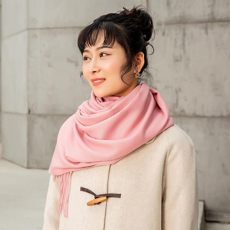 Dámská zahuštěná jednobarevná dlouhá šála - Počesaný imitovaný kašmír, nežmolkující šál s třásněmi na podzim a zimu