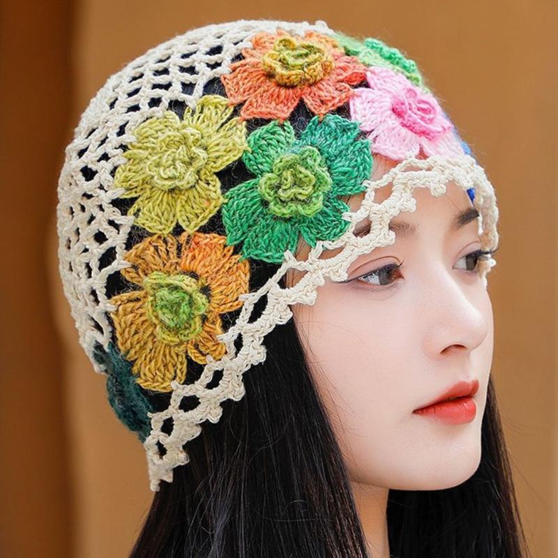 Cotton Crochet Brimless Hat With HollowOut Flower Design Summer Vacation Casual Skull Cap For Women Everyday Wear