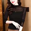 Fashionable Mesh Solid Color Long-sleeved Tops for Women Style Versatile Half-turtle Collar Slim-fitting Lace Bottoming Shirt