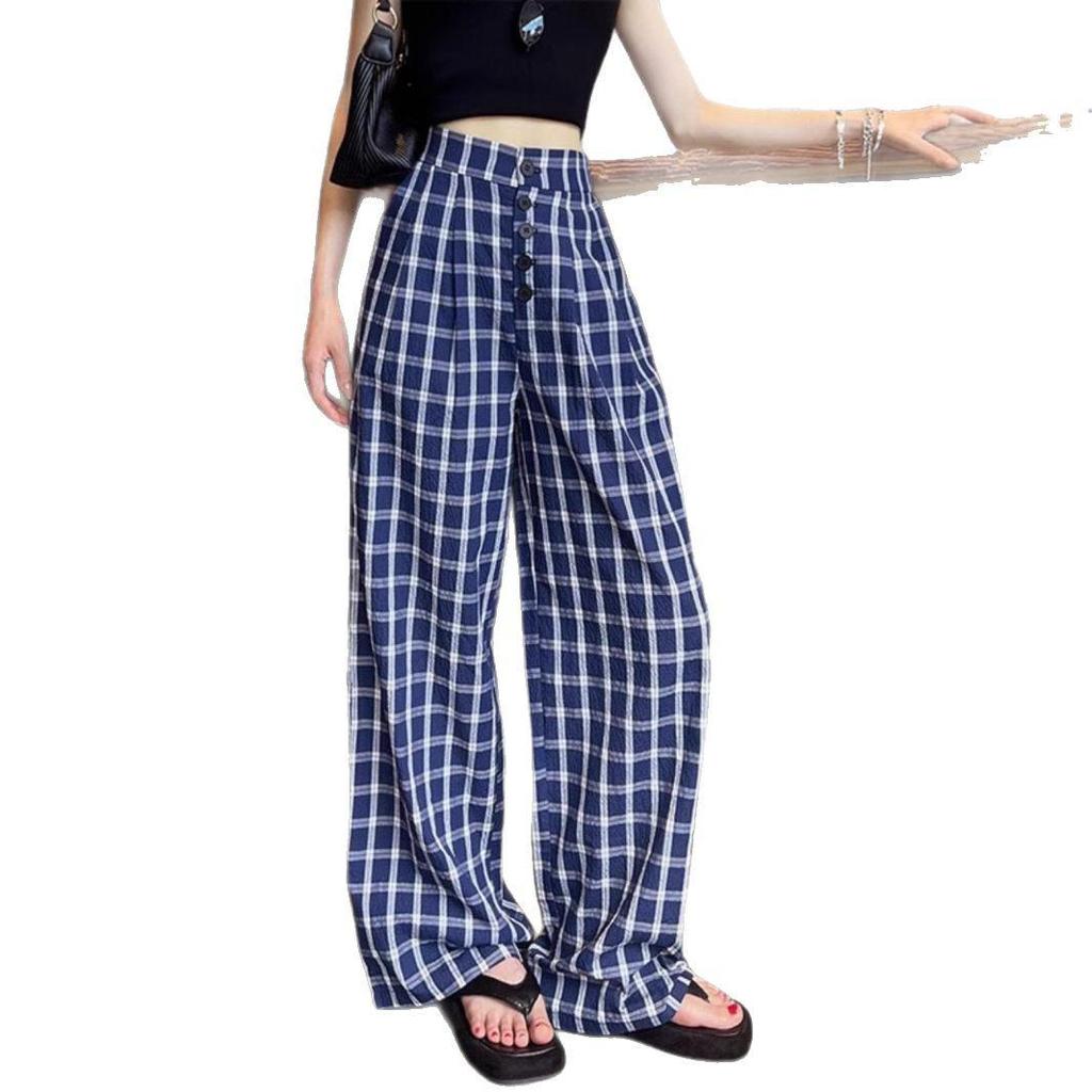 Women's Blue Retro Plaid Double-Breasted Wide-Leg Pants - Zhao Lusi Spring & Autumn Style