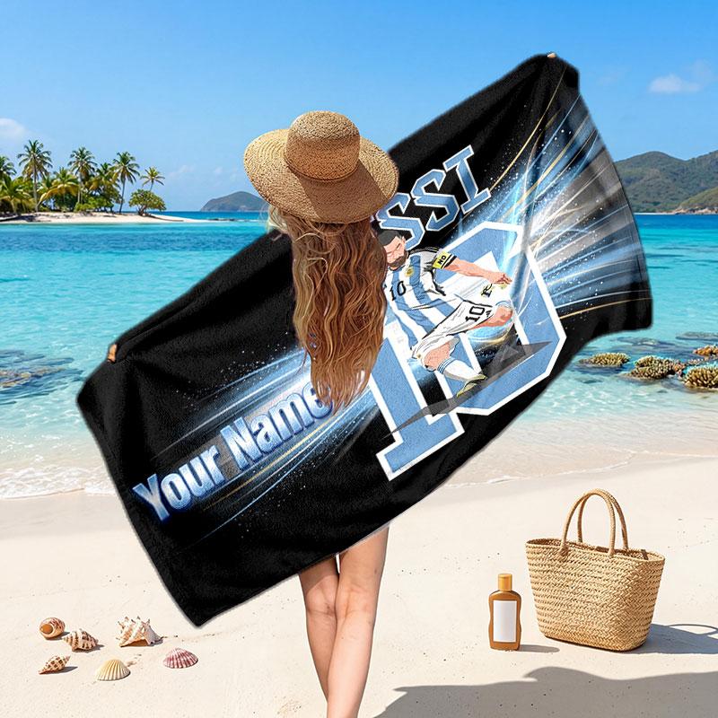 Asciugamano da Spiaggia Personalizzato Lionel Messi, Stampa Testo Nome Personalizzato, Asciugamano Morbido Asciugatura Rapida con Logo Calcio, Regalo per le Vacanze