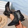 Luxury Glitter Flower Breathable Mesh Boots Women 2025 Summer Sexy Pointed Toe Low Heel Ankle Boots Side Zip Black Booties