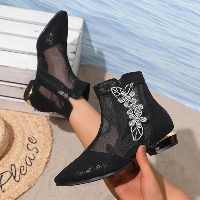 Fashion Luxury Glitter Flower Breathable Mesh Boots Women 2025 Summer Sexy Pointed Toe Low Heel Ankle Boots Side Zip Black Booties