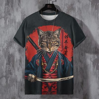 Men's Japanese T-shirt Samurai Cat Graphic T-shirt 3D Printed Casual Short-sleeved T-shirt