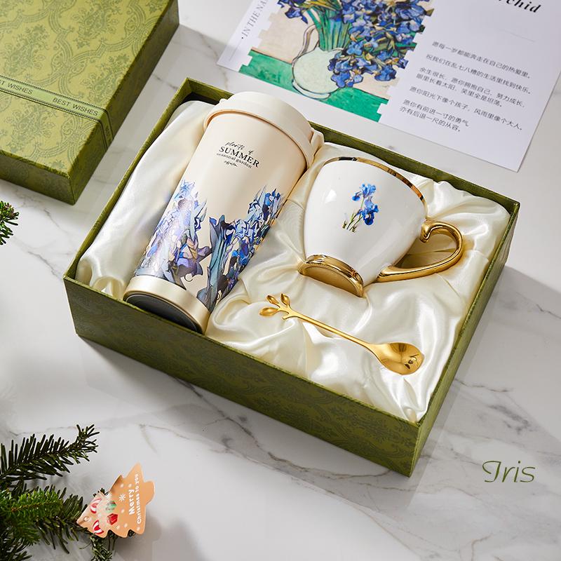 316 Stain Steel Thermos Cups 500ml Coffee Mug with Spoon Set of 3, Floral Ceramic Mug Gift Box for Birthday Wedding Christmas Valentine's Day