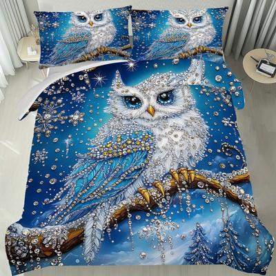 Set Biancheria da Letto 3 Pezzi Nero Diamanti Gufo Stampato Stile Splendido Accogliente Copripiumino Set Matrimoniale Queen Singolo Regalo di Compleanno Decorazione Camera da Letto