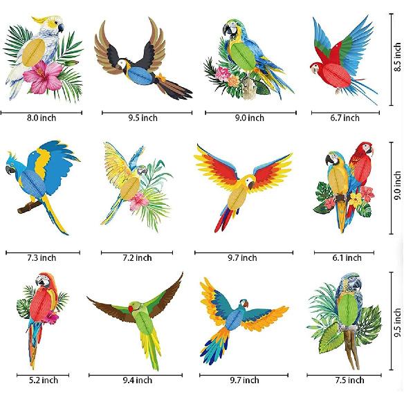 12 Pcs Tropical Birds Honeycomb Hanging Parrot Paper Cutouts Hawaiian Summer Beach Luau Party Hanging Decorations Tiki Bar Party Supplies Safari