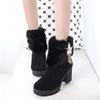 Plateau-Ankle-Boots mit Blockabsatz und Fellbesatz - Damen Samt Martin Stiefel für Herbst/Winter