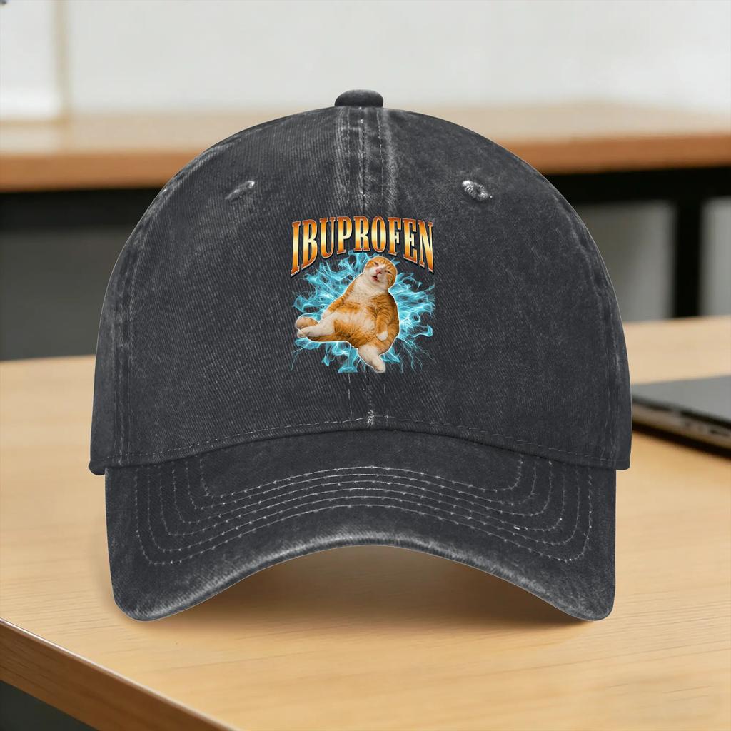 Washed Baseball Cap Funny Ugly Cat Face Ibuprofen Cat Meme Humor Spring Trucker Hat For Unisex Adult Yk Cool Rock Sun Snapback Cap
