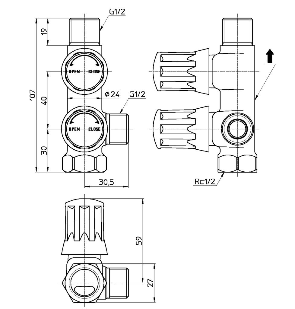 SANEI Smart Header Right-Hand Branch Stop Valve, Gray Lettering, Compatible with General and Cold Climates, Nominal Size 13, B3111A-R-13