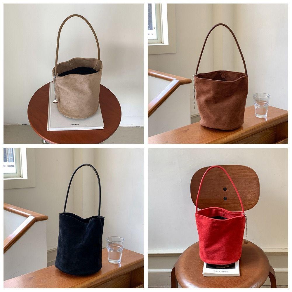 Pure Color Suede Bucket Bag Purse Underarm Bag Vintage Matte Pu Leather Shoulder Bag Streetwear