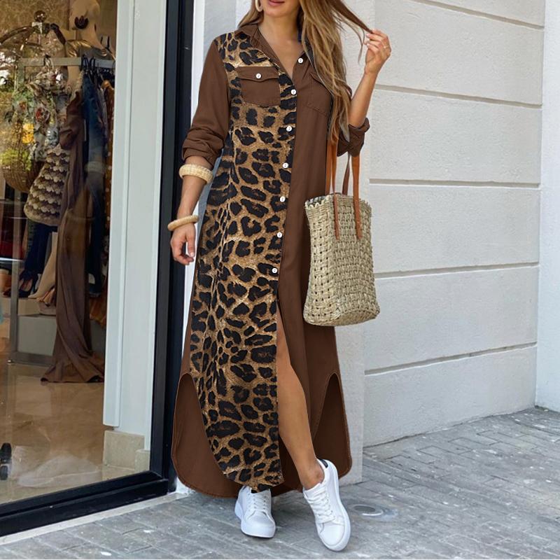 

ZANZEA Women Casual Turn Down Collar Long Sleeve Loose Leopard Patchwork Shirt Dress 2XL коричневый