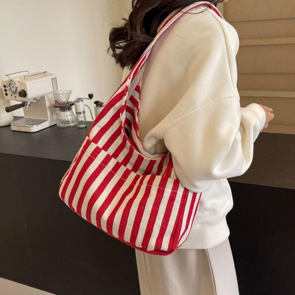 

Tote Magnetic Snap Vertical Stripe Bag Daily Vintage Commute Handbag Canvas Shoulder Bag Unisex чёрный