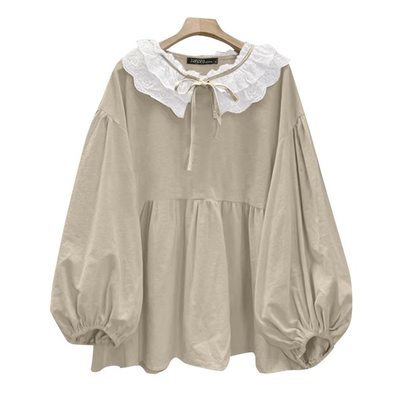 ZANZEA Dámská krajková háčkovaná halenka s kulatým výstřihem, volná, s dlouhým rukávem