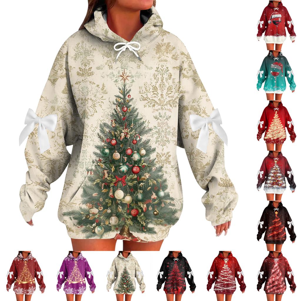 Ladies' Christmas Printed Bow Long Sleeved Loose Fitting Headband With Rope Hooded Sweatshirt Top