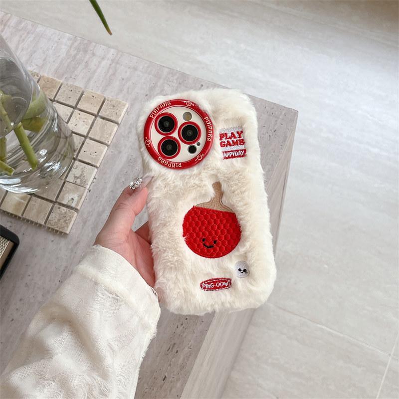 Fall/Winter Round Hole Cute Fun Sports Racket Plush Case for iPhone 16 Pro Max 15 14 Plus 13 Pro 12 11 All-inclusive Fall Protection Cover