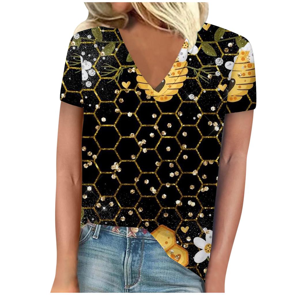 vintage women bee print t shirt short sleeve v neck tops comfortable t-shirts