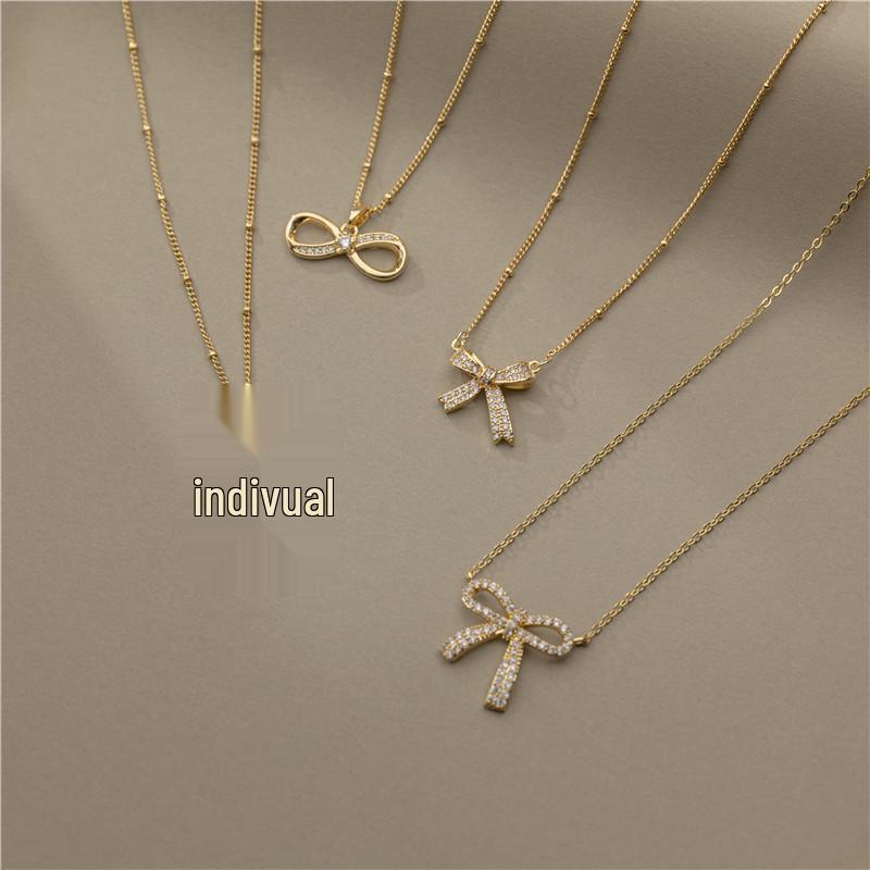 18K Gold Zircon Copper Bow Necklace with Full Diamond Clavicle Chain