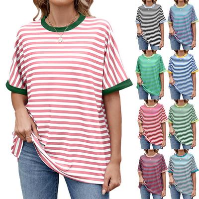 2025 Spring and Summer New Striped Contrast Color Round Neck Loose Women Short-sleeved T-shirt Top