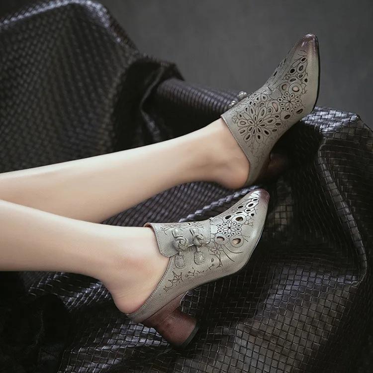 Johnature Genuine Leather Retro Ethnic Style High Heels Pointed Toe Slippers Versatile Women's Shoes
