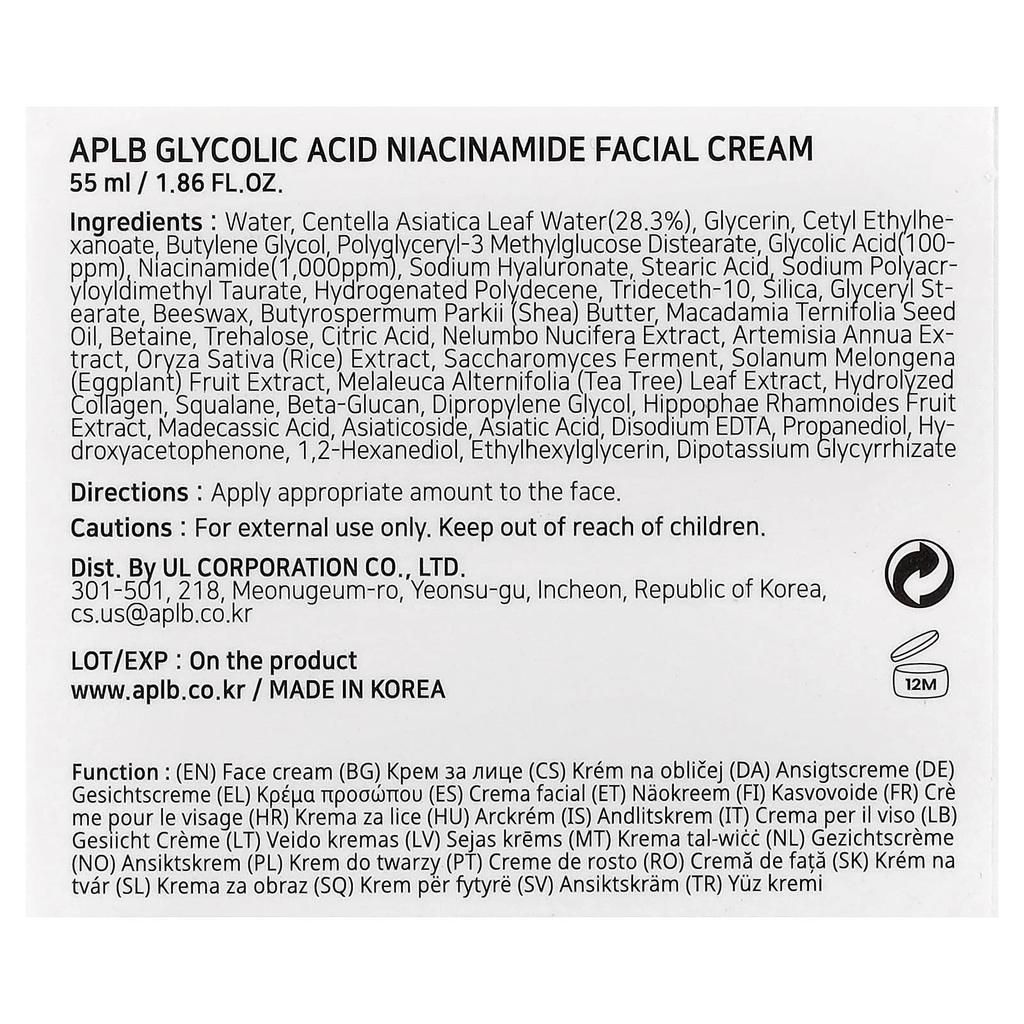 APLB Glycolic Acid Niacinamide Facial Cream, 55ml (1.86 Fl Oz)