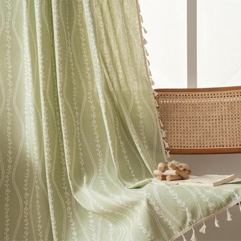 Stripe Floral Boho Curtains for Bedroom Living Room, Bohemian Vintage Tassels Window Treatment Drape for Home Decorations Rod Pocket,1pc