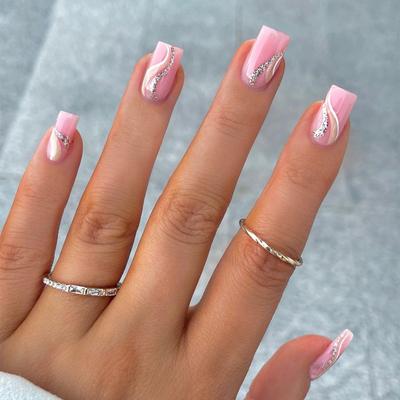 Sweet Pink Manicure Light Yellow Silver Glitter Striped Nails Simple Square Manicure Pieces Nail Pieces