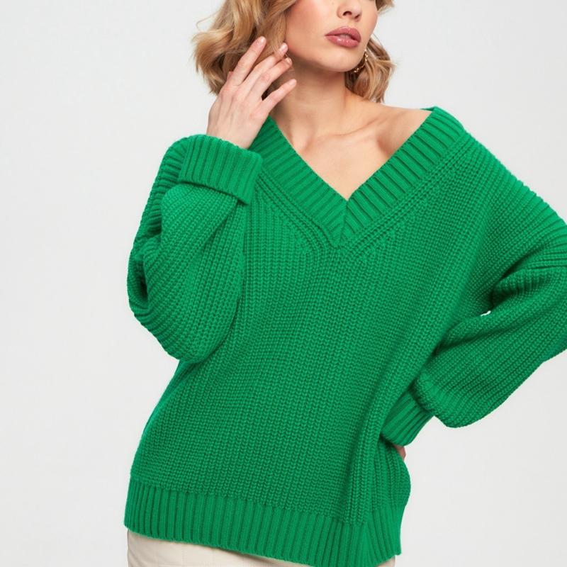 Damski sweter jesienno-zimowy z dekoltem w szpic, w jednolitym kolorze, z długim rękawem, luźnym, dzianinowym swetrem na wszystkie mecze