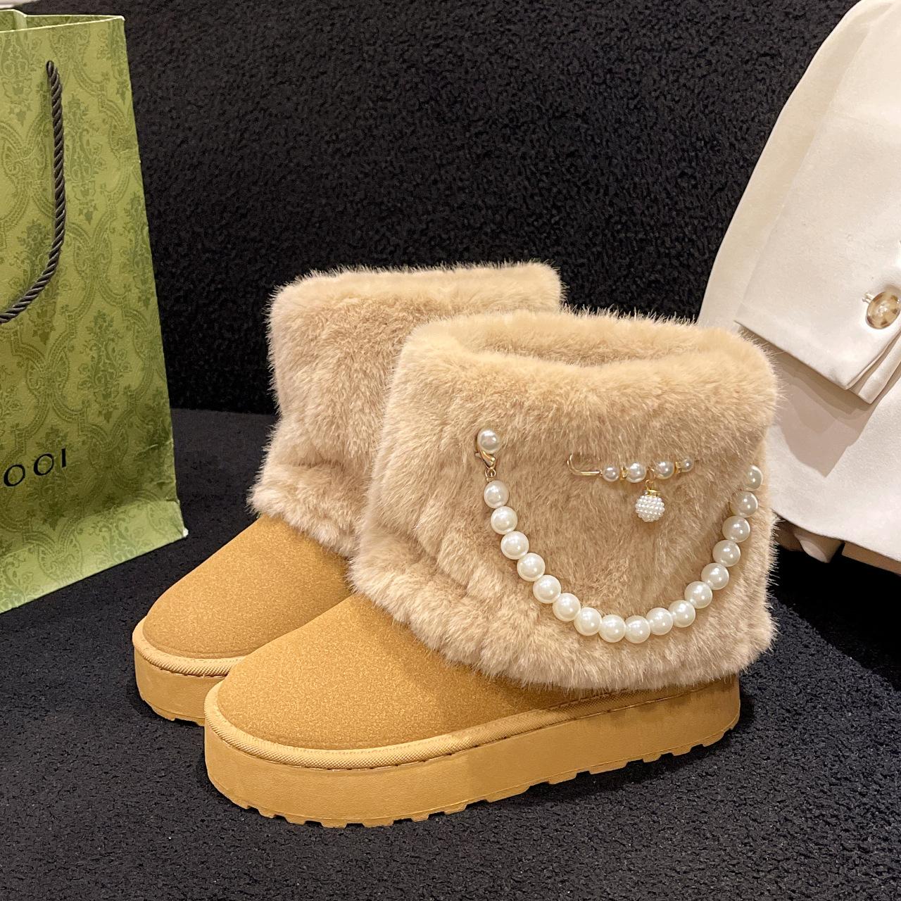 

European and American solid color large size 43 snow boots for women 2024 winter new beaded casual versatile high-top snow boots for women 43 верблюд