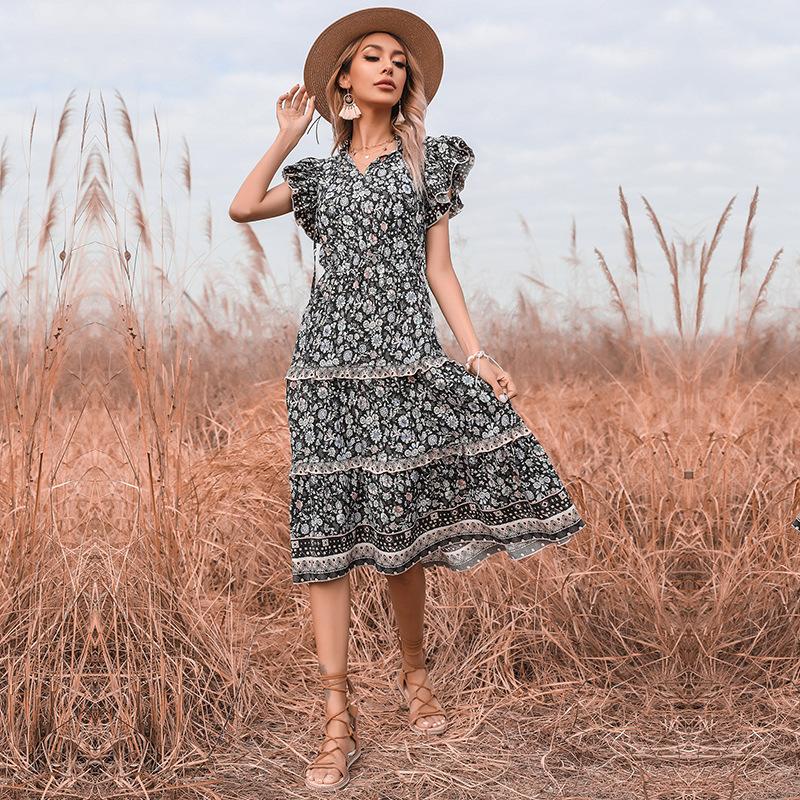 Summer retro ethnic style slim-fitting fungus edge floral dress