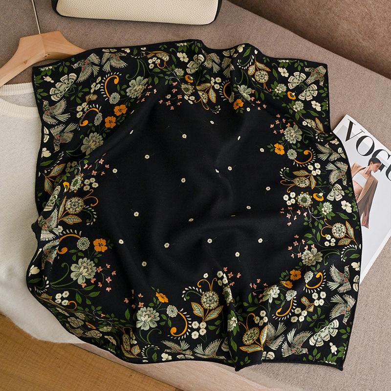 Retro elegant black background floral silk wool silk scarf double-sided printing hand-curled edge temperament silk shawl scarf