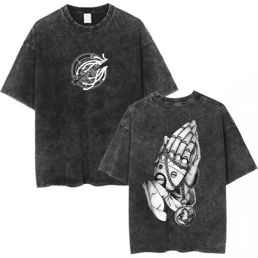 Magliette Lavate Anime Fullmetal Alchemist Edward Elric Alphonse Elric T-Shirt Uomo Donna Moda Casual Magliette Oversize Top