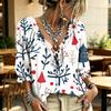 Women's Christmas Print V-Neck Blouse with Ruffle Trim - Casual Holiday Top