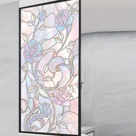 Film de fenêtre floral pour la vie privée, amovible, statique, film de protection de la vie privée, film de fenêtre décoratif imperméable pour la maison, la salle de bain, la cuisine