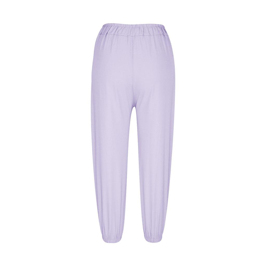 Women's Fashionable Color Cotton Linen Elastic Waist Decorative Casual Pants With Pockets