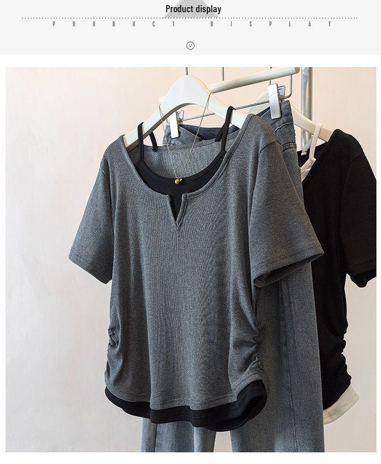 Women's Plus Size Patchwork Faux Two-Piece Short Sleeve T-Shirt - Loose, Slimming, Versatile Summer Style