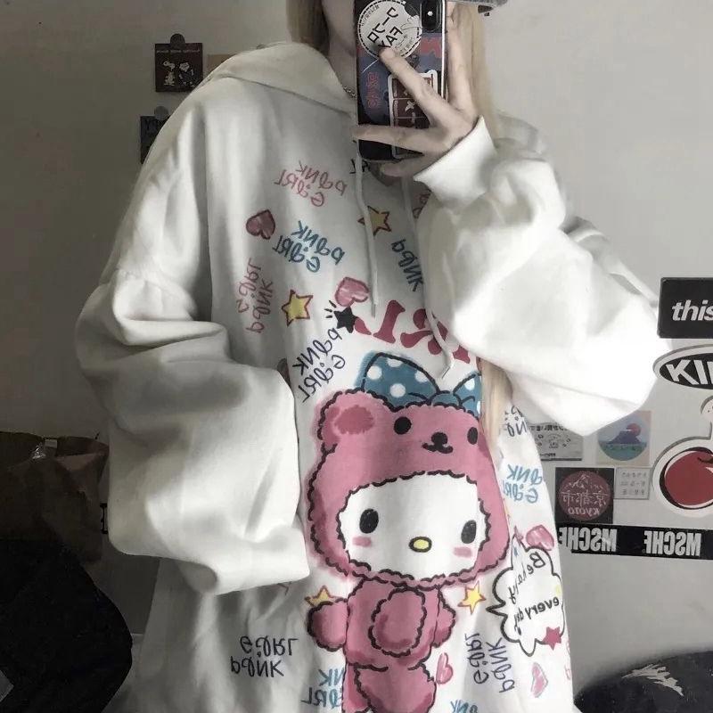Felpa con cappuccio Kawaii Harajuku per donna Felpa coreana Felpa con stampa Anime Vintage Rosa Felpa con cappuccio oversize Vestiti carini Top per ragazze