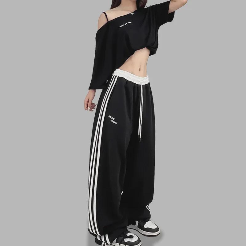 Women's Retro Three-Stripe Wide-Leg Casual Pants for Street Dance, Autumn Fashion