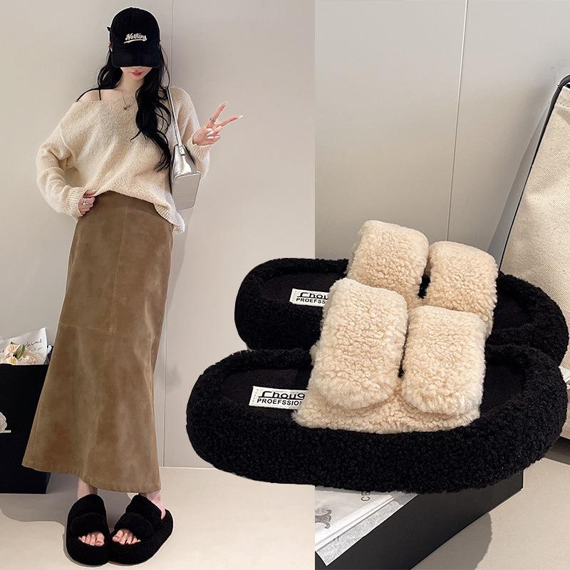 Fluffy Slippers Women's New Autumn Retro Fluffy Outer Wear Fashionable and Simple Thick Bottom One-word Cotton Drag Women