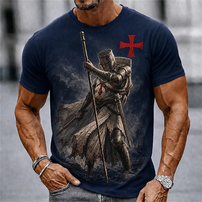 2026 Sommer Retro Herren Templer Kreuzritter T-Shirt Kurzarm T-Shirt 3D-Druck Rundhals Religiöser Stil Festliches Outfit