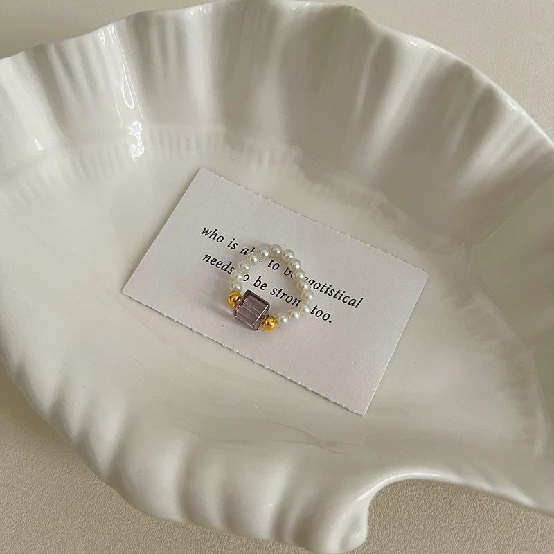 Pearl Beaded Ring Women's Elastic Rope Literary Stacking Index Finger Ring High-end Handmade Ring Jewelry