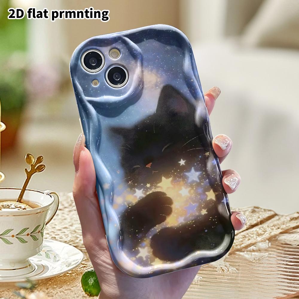 Phone Case: 2D Flat Design Suitable for iPhone 18 17 16 15 14 13 Pro Protective Case, Holding a Little Black Starry Cat, Perfect Christmas and Hallowe
